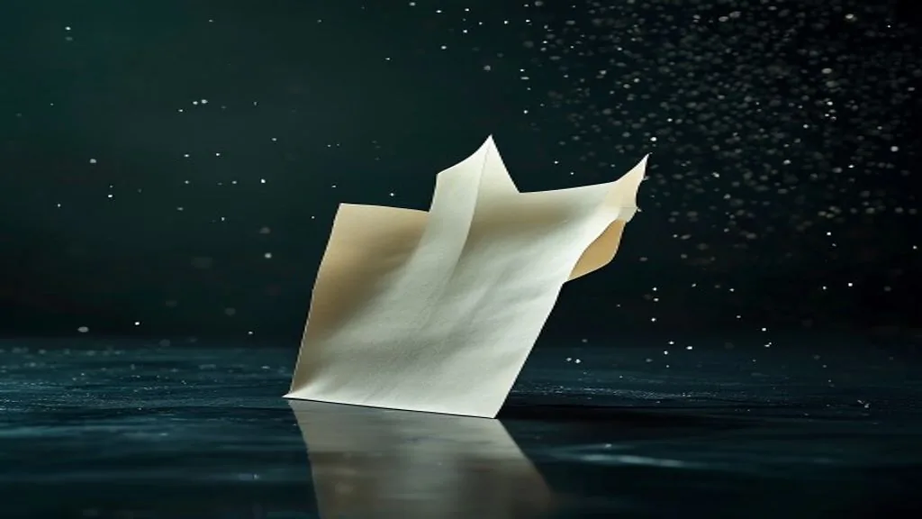 A single folded sheet of cream paper standing upright on a polished black surface under sharp directional sidelight