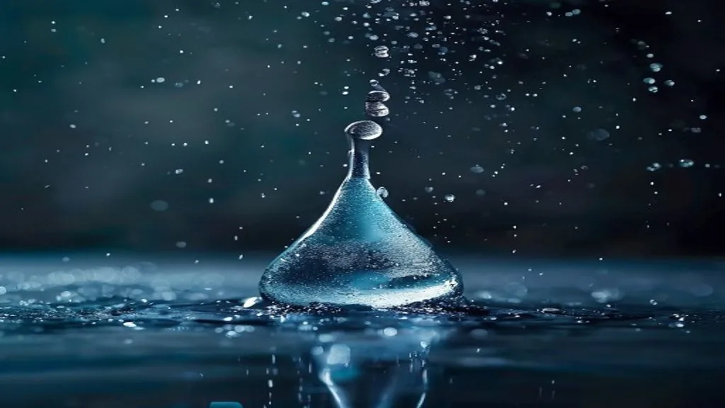 A single droplet impact splash on a dark water surface caught under raking sidelight