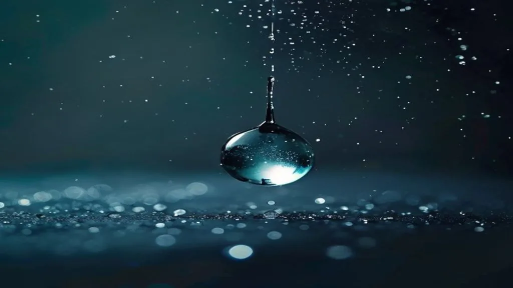 A single droplet of water suspended above a dark matte surface in low directional light