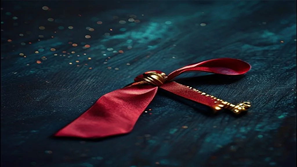 A single ornate brass key with a deep red silk ribbon on a dark wood surface in low directional light