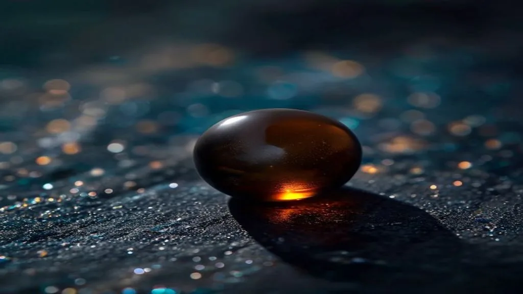 A polished bead of hardened dark amber resin resting on a black speckled surface, lit from the side with a sharp shadow
