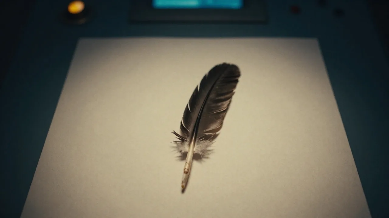 A single black feather quill resting diagonally on a sheet of cream parchment paper under soft warm raking light