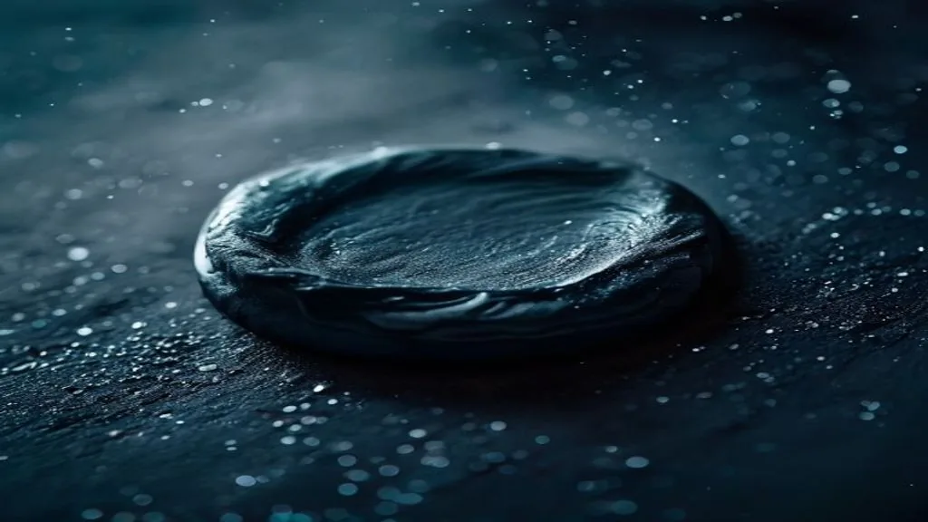 A single dark embossed wax seal resting on a wet dark surface in low directional light