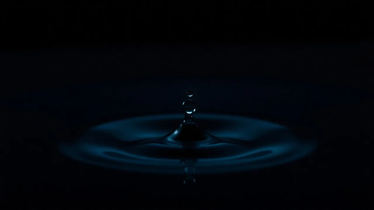 A single droplet falling onto a still water surface, sending concentric ripples outward against a deep black background