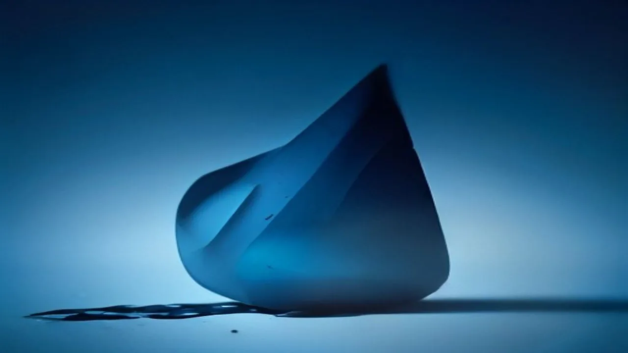 A single translucent teardrop-shaped form resting on a dark blue surface under hard side lighting