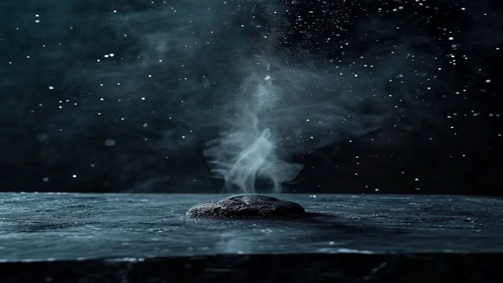 A single wisp of vapour rising from a dark polished surface under directional light