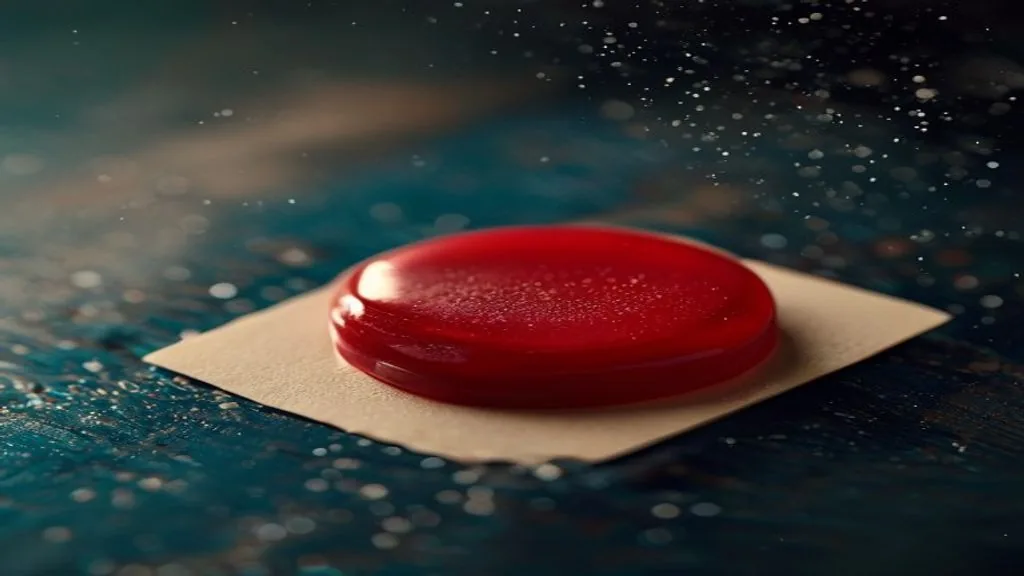 A single wax seal pressed into plain cream card on a dark surface, soft directional light