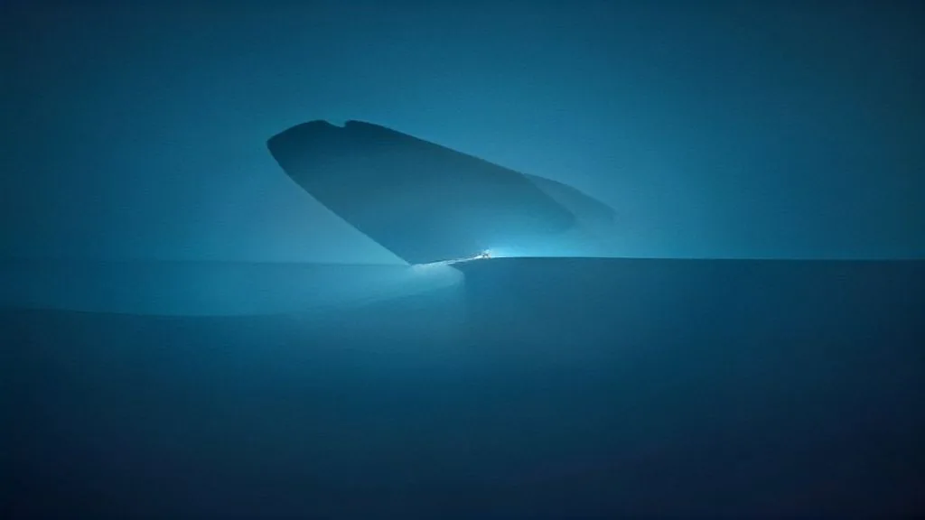 A single abstract sail-shaped form emerging from deep blue mist under raking side light