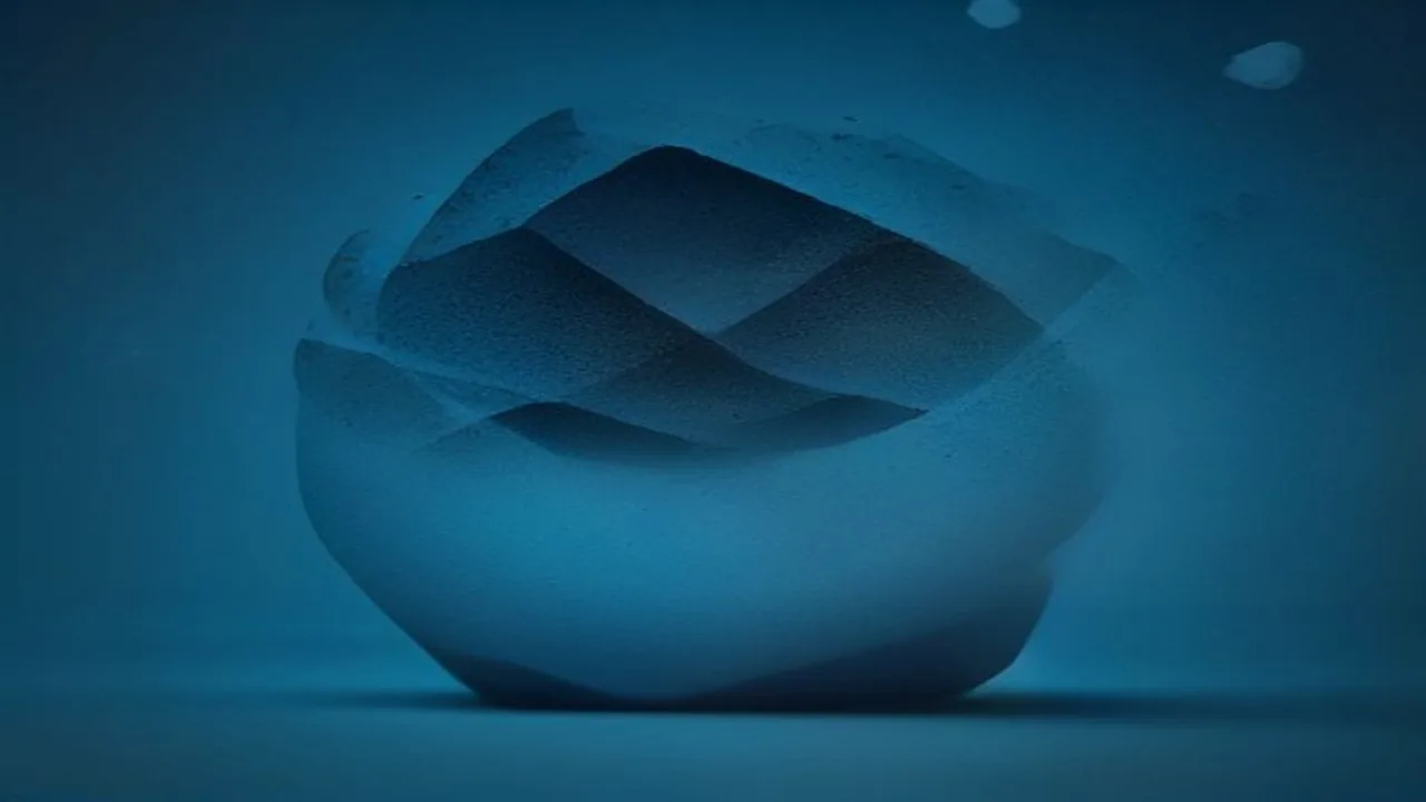 Abstract dark teal sphere with layered wave-like interior surfaces, single focal object on deep navy background, cinematic directional side lighting