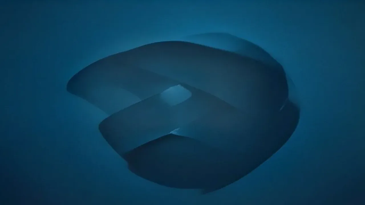 A single glossy droplet of viscous white fluid lit from the side against a dark blue background