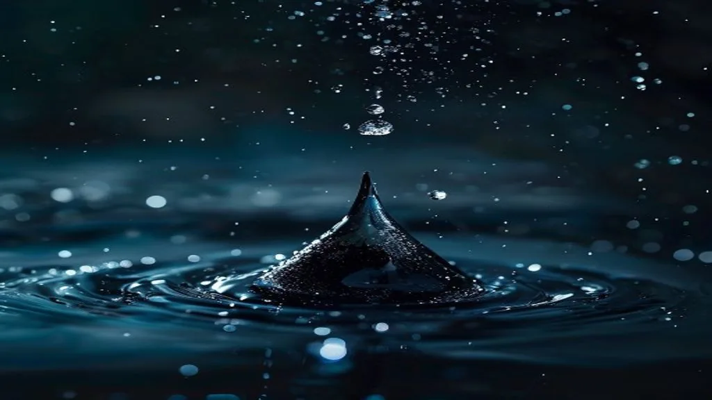 A single ink droplet dispersing into clear water against a deep black background under strong sidelight