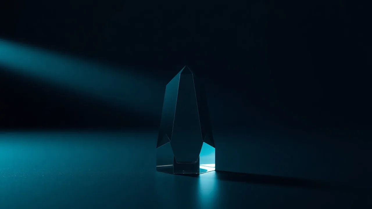 A single faceted glass prism on a dark matte surface with a thin beam of light splitting into its constituent colours