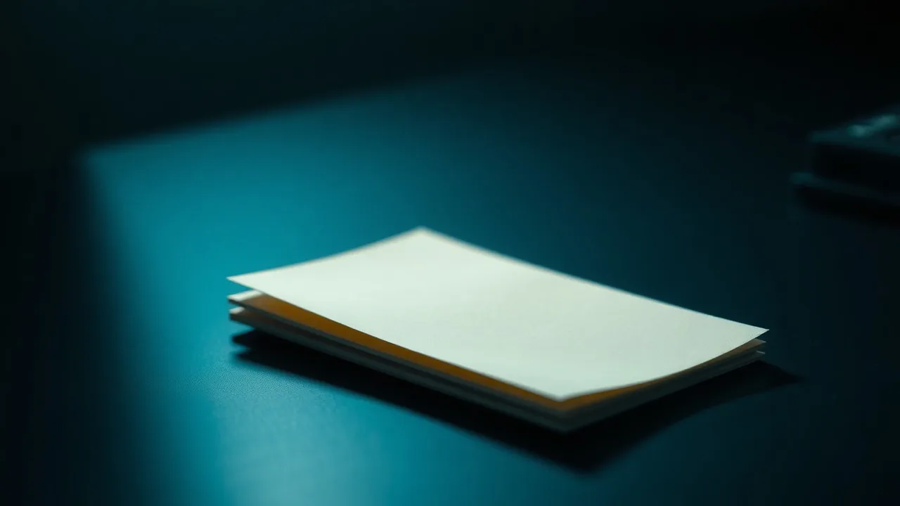 A single blank folded sheet of paper on a dark desk under a narrow beam of light