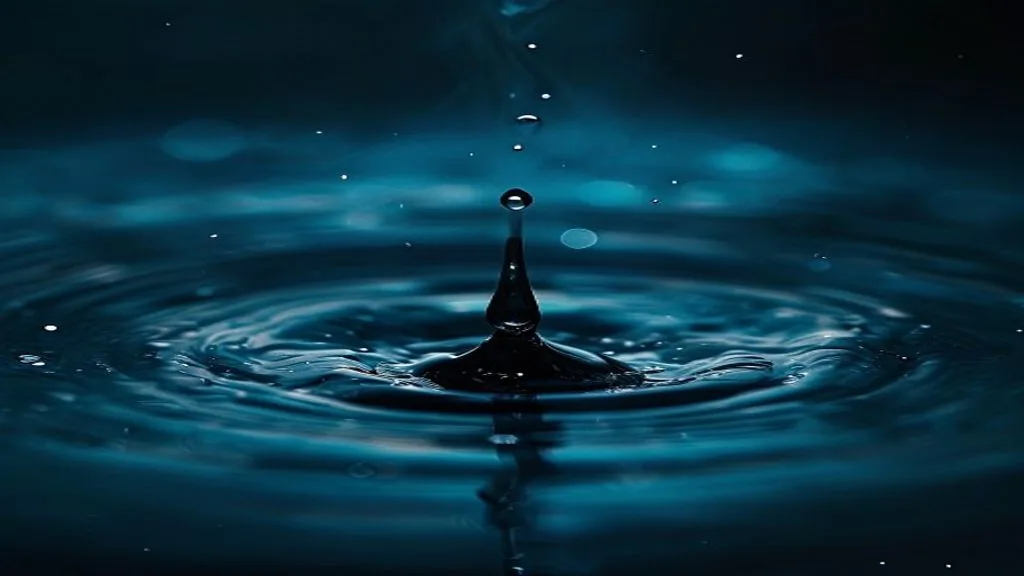 A single water droplet rebounding from the surface of a dark pool, concentric ripples spreading outward