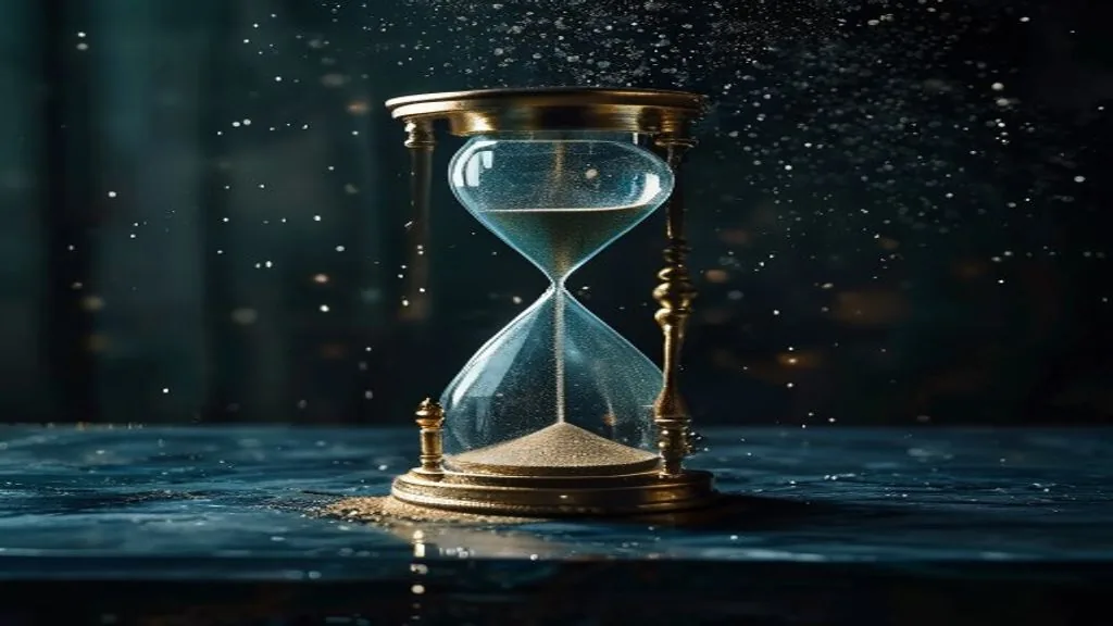 A single brass hourglass with sand mid-fall on a dark slate desk under low directional light