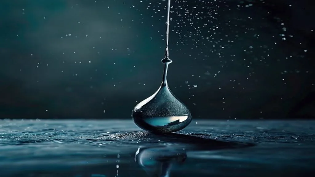 A single drop of clear liquid suspended above a polished dark surface, lit from one side