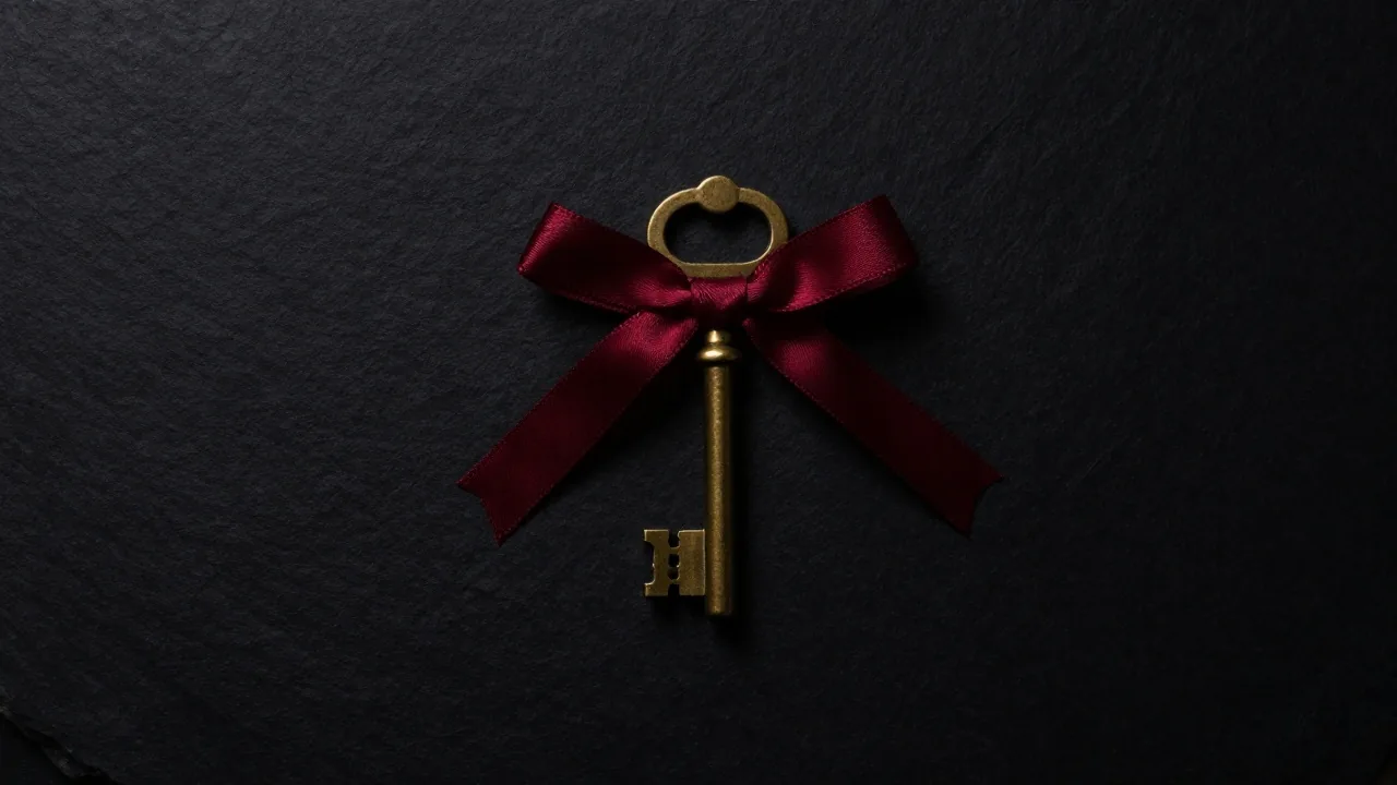 A single antique brass key tied with a crimson silk ribbon resting on a dark slate surface, photographed from directly above